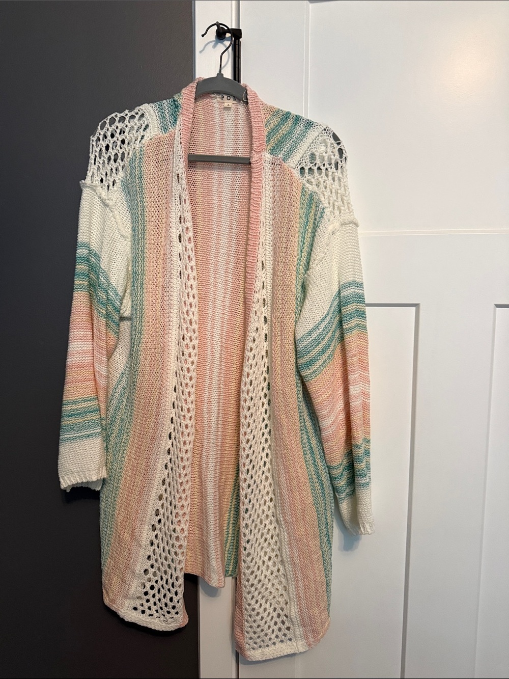 POL Open-Front Pastel Stripe Cardigan in Mint, Blush & Cream